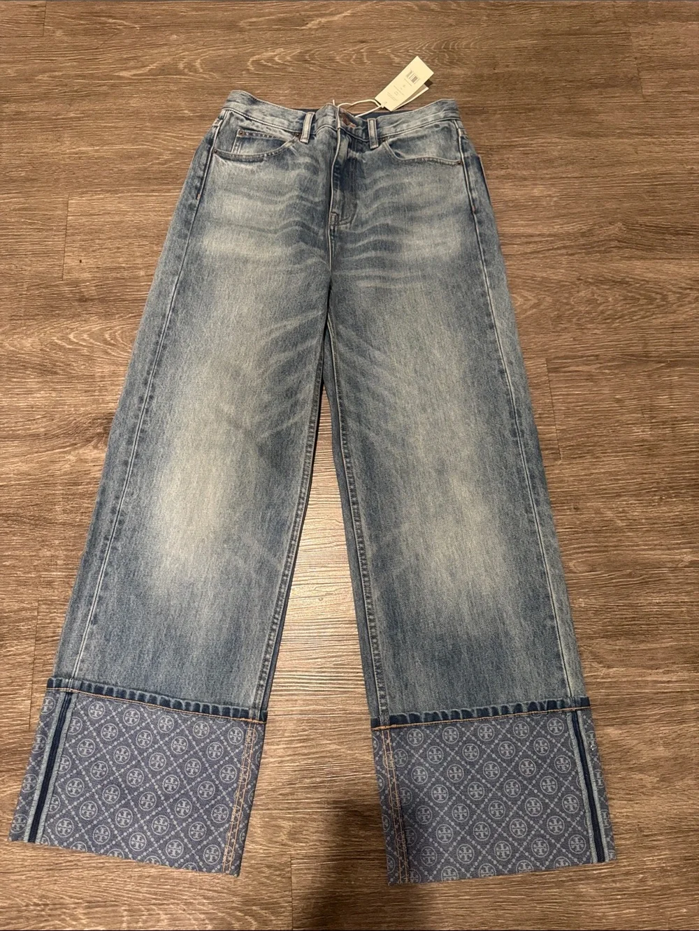 Tory Burch Light Blue Wide-Leg Jeans with Printed Cuffs